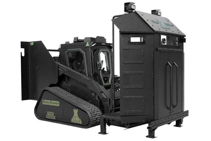 Real-world manufacturer photograph of a black Rook armored critical-incident vehicle with its tracked chassis and elevated deployment platform
